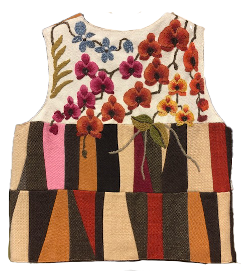 kirjailtu monivärinen liivi takaa